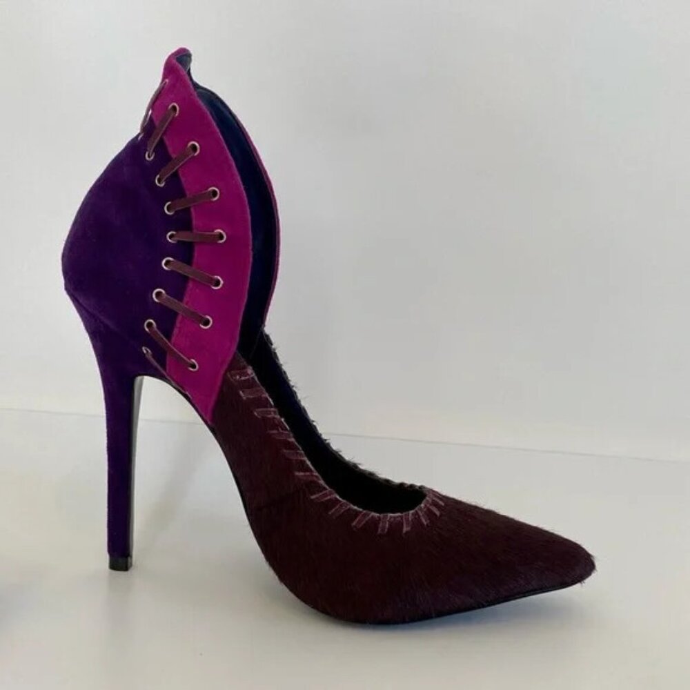 London Trash Dani Women’s Burgundy REAL Fur Stiletto Heels Pumps NIB